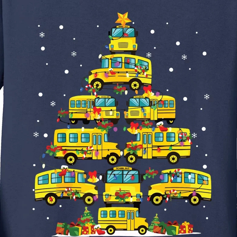 School Bus Christmas Tree Lights Funny Bus Driver Xmas Pjs Kids Long Sleeve Shirt