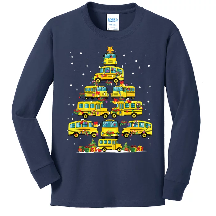 School Bus Christmas Tree Lights Funny Bus Driver Xmas Pjs Kids Long Sleeve Shirt