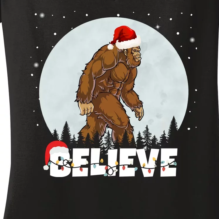 Santa Bigfoot Christmas Rock Funny Sasquatch Believe Women's V-Neck T-Shirt