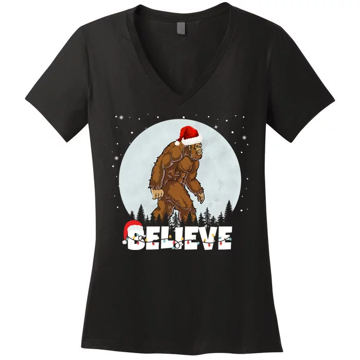 Santa Bigfoot Christmas Rock Funny Sasquatch Believe Women's V-Neck T-Shirt