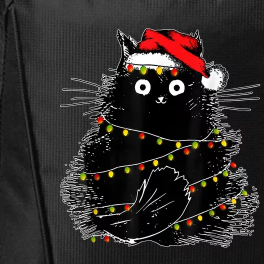 Santa Black Cat Tangled Up In Christmas Tree Lights Holiday City Backpack