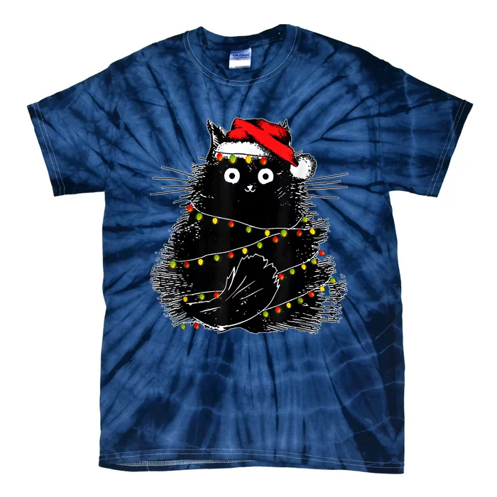 Santa Black Cat Tangled Up In Christmas Tree Lights Holiday Tie-Dye T-Shirt