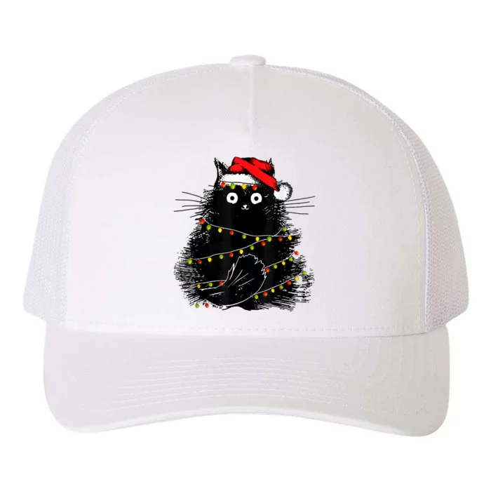 Santa Black Cat Tangled Up In Christmas Tree Lights Holiday Yupoong Adult 5-Panel Trucker Hat