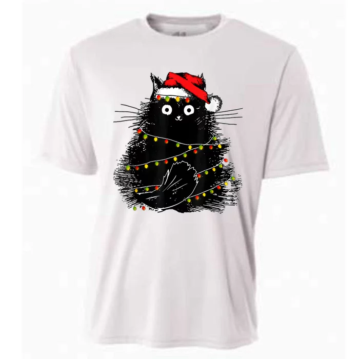 Santa Black Cat Tangled Up In Christmas Tree Lights Holiday Cooling Performance Crew T-Shirt