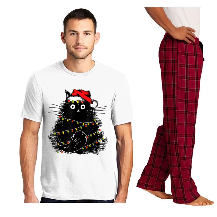 Santa Black Cat Tangled Up In Christmas Tree Lights Holiday Pajama Set