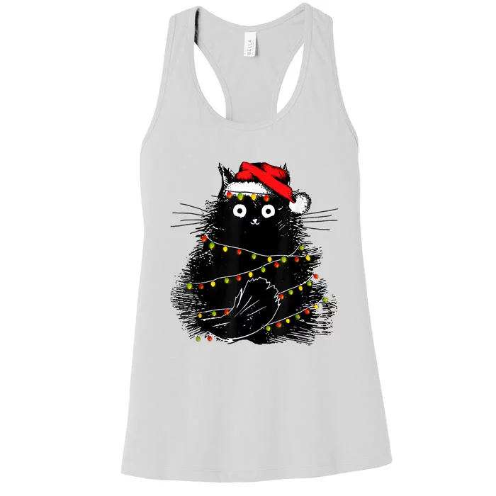 Santa Black Cat Tangled Up In Christmas Tree Lights Holiday Women's Racerback Tank