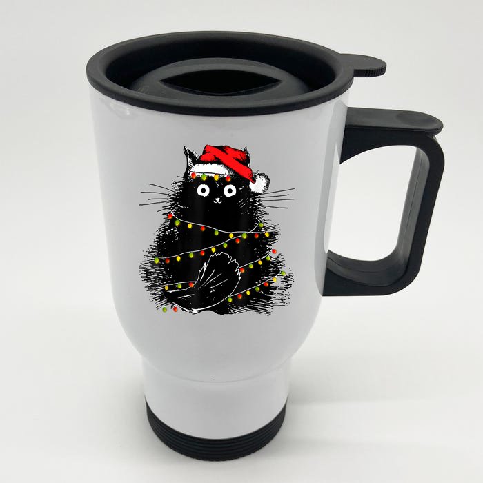 Santa Black Cat Tangled Up In Christmas Tree Lights Holiday Front & Back Stainless Steel Travel Mug