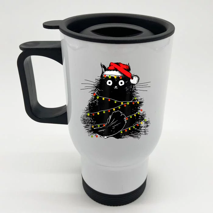 Santa Black Cat Tangled Up In Christmas Tree Lights Holiday Front & Back Stainless Steel Travel Mug