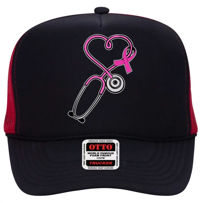 Stethoscope Breast Cancer Awareness Ribbon High Crown Mesh Trucker Hat