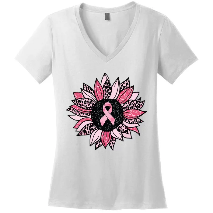 Sunflower Breast Cancer Awareness Women Warrior Women's V-Neck T-Shirt