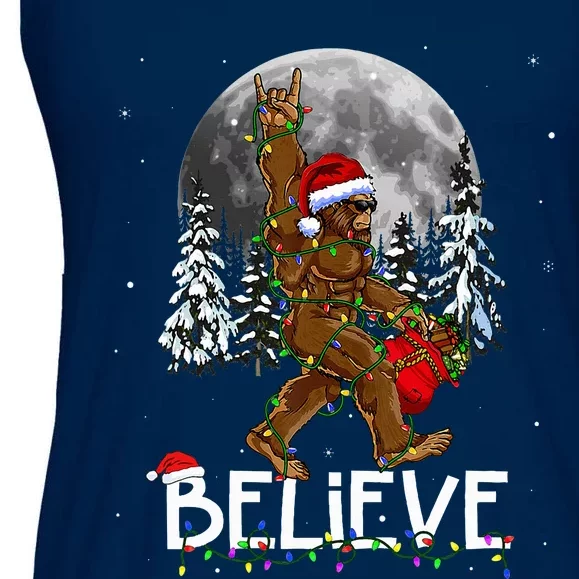 Santa Bigfoot Christmas Lights Funny Sasquatch Believe Xmas Ladies Essential Flowy Tank