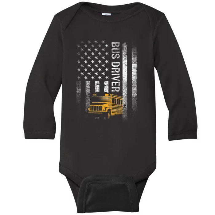 School Bus Driver Usa American Flag Funny Bus Driver Gift Baby Long Sleeve Bodysuit