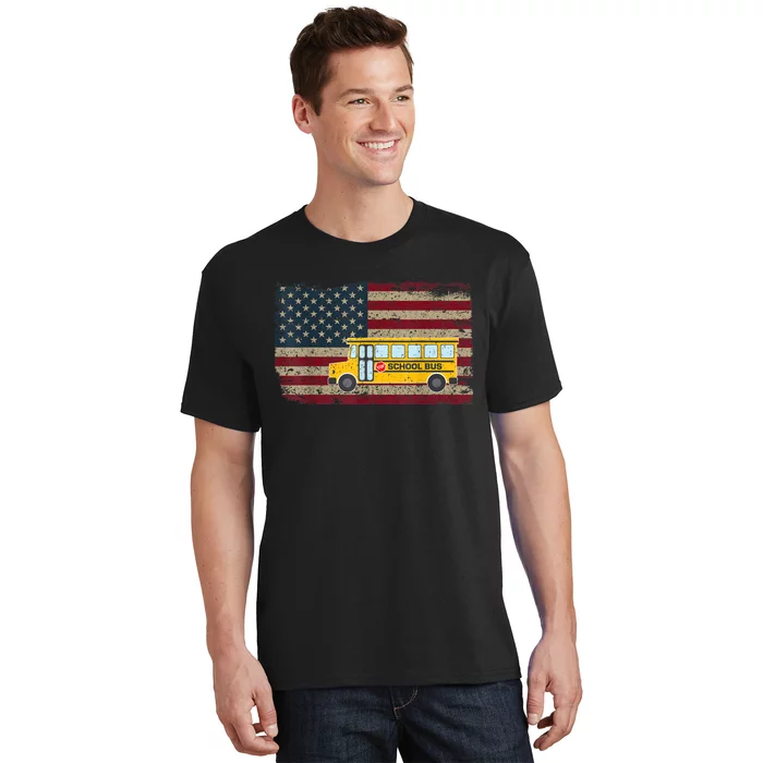 School Bus Driver American Flag USA Driving School Bus T-Shirt