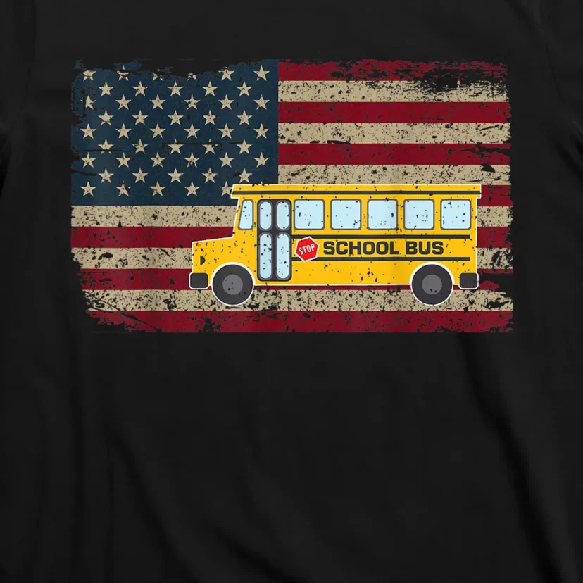 School Bus Driver American Flag USA Driving School Bus T-Shirt