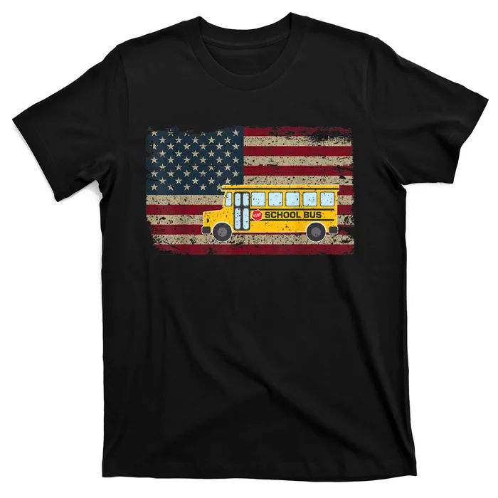 School Bus Driver American Flag USA Driving School Bus T-Shirt