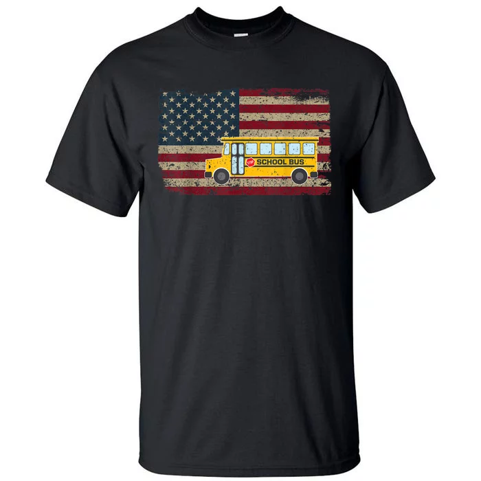 School Bus Driver American Flag USA Driving School Bus Tall T-Shirt