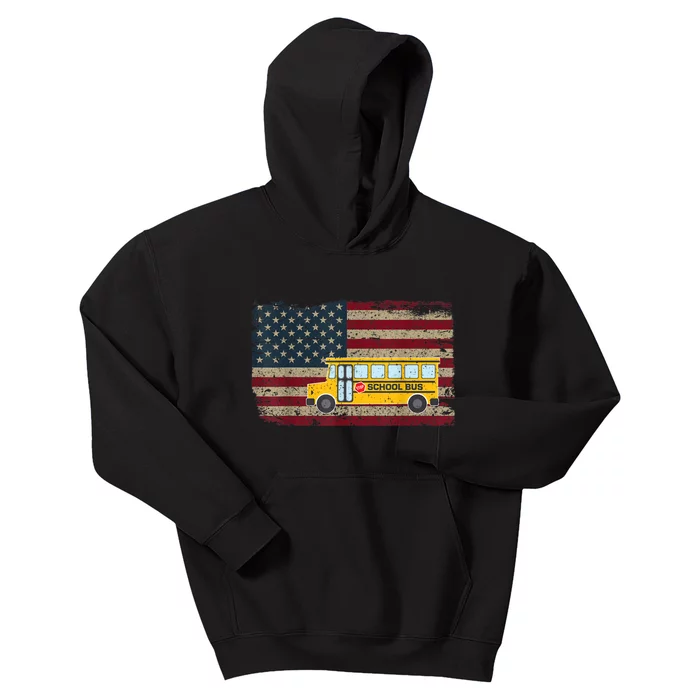 School Bus Driver American Flag USA Driving School Bus Kids Hoodie