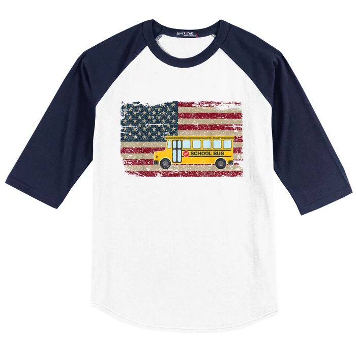 School Bus Driver American Flag USA Driving School Bus Baseball Sleeve Shirt