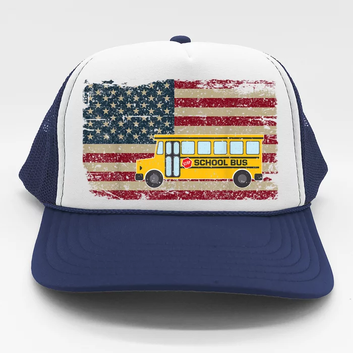 School Bus Driver American Flag USA Driving School Bus Trucker Hat