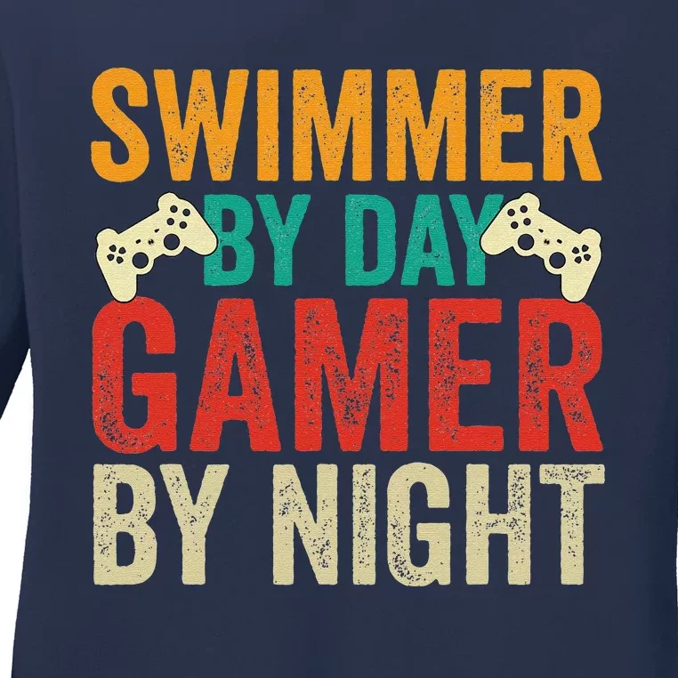 Swimmer By Day Gamer By Night Swimming Funny Ladies Long Sleeve Shirt