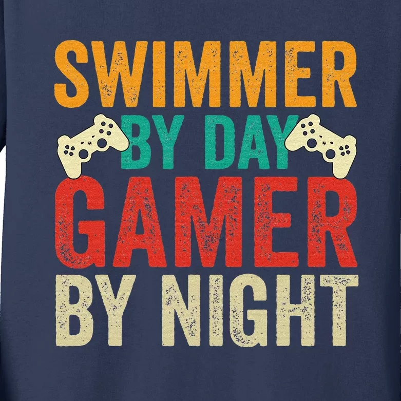 Swimmer By Day Gamer By Night Swimming Funny Kids Long Sleeve Shirt