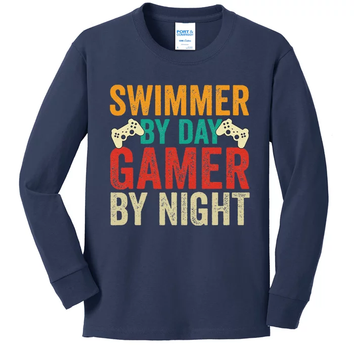 Swimmer By Day Gamer By Night Swimming Funny Kids Long Sleeve Shirt