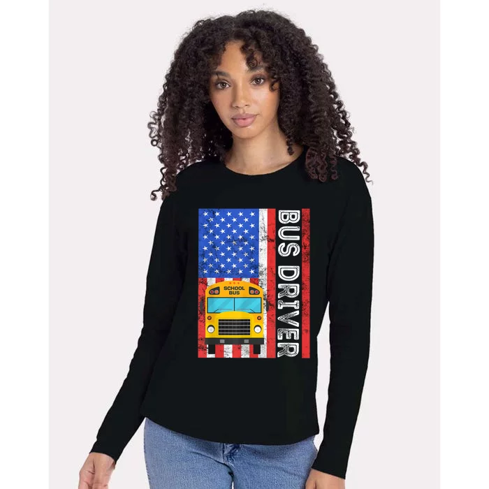 School Bus Driver American Flag USA Driving School Bus Womens Cotton Relaxed Long Sleeve T-Shirt