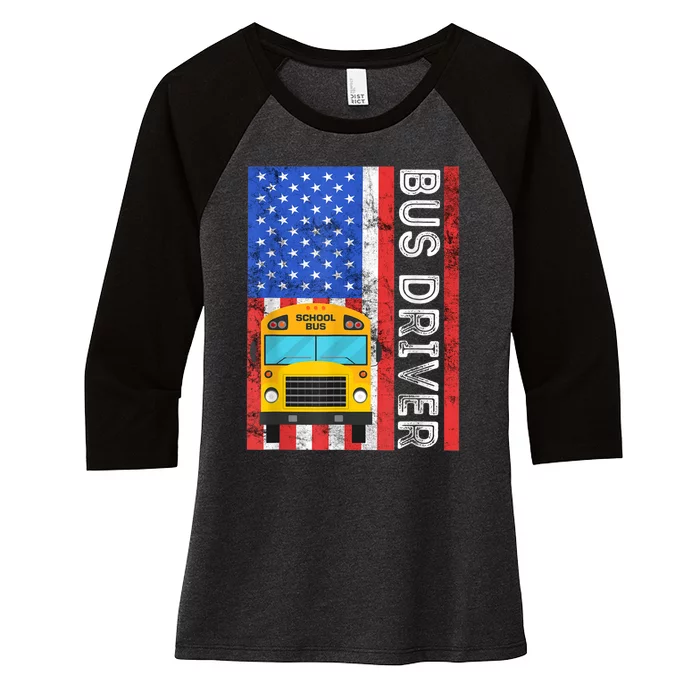 School Bus Driver American Flag USA Driving School Bus Women's Tri-Blend 3/4-Sleeve Raglan Shirt