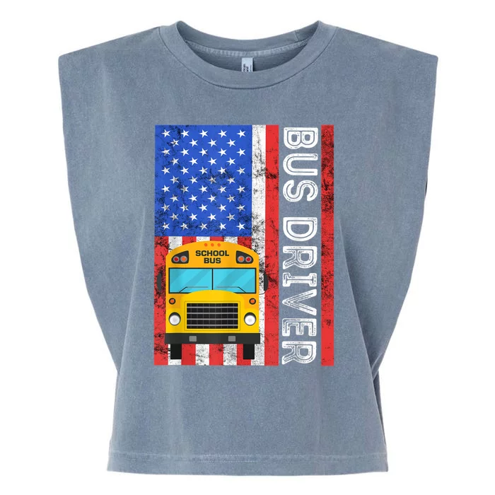 School Bus Driver American Flag USA Driving School Bus Garment-Dyed Women's Muscle Tee