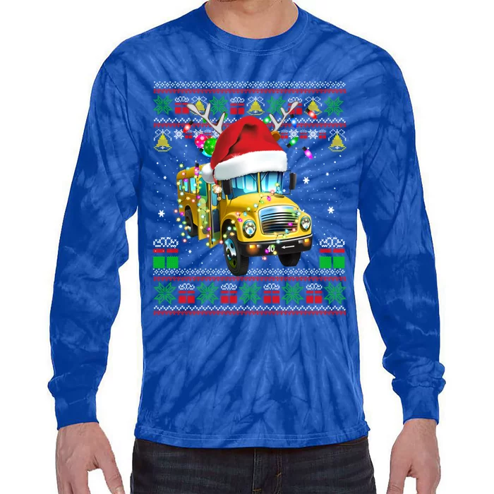 School Bus Driver Reindeer Santa Hat Ugly Sweater Christmas Gift Tie-Dye Long Sleeve Shirt