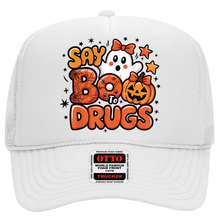 Say Boo Drugfree Ghost Halloween Red Ribbon Week Awareness High Crown Mesh Trucker Hat