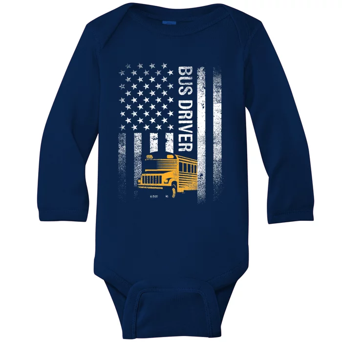 School Bus Driver Usa American Flag Funny Bus Driver Gift Baby Long Sleeve Bodysuit