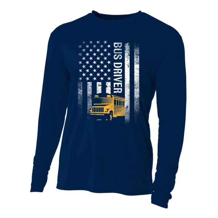 School Bus Driver Usa American Flag Funny Bus Driver Gift Cooling Performance Long Sleeve Crew