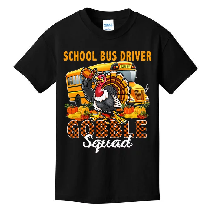 School Bus Driver Gobble Squad Thanksgiving Plaid Turkey Kids T-Shirt