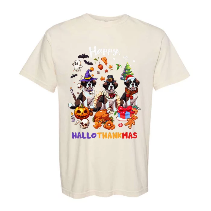 Saint Bernard Dog Christmas Thanksgiving Happy Hallothankmas Garment-Dyed Heavyweight T-Shirt