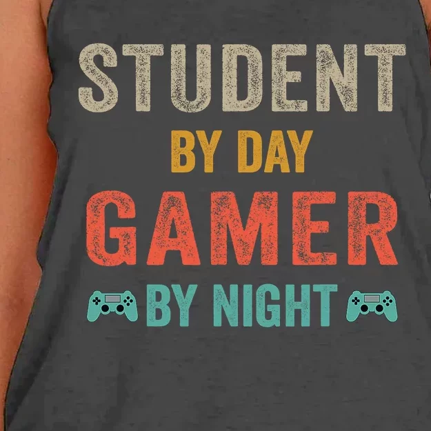 Student By Day Gamer By Night Meme For Gamers Women's Knotted Racerback Tank