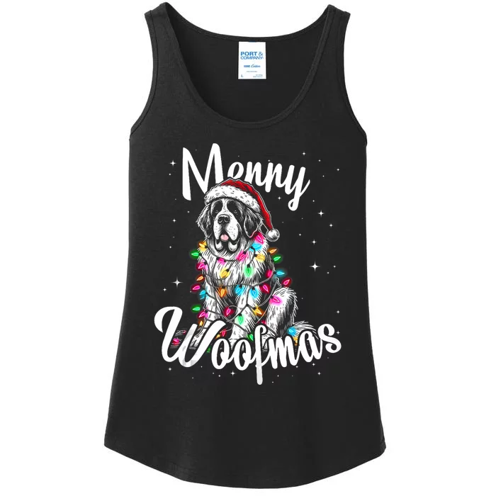 Saint Bernard Dog Merry Woofmas Christmas Lights Santa Hat Tank Top Ladies Essential Tank