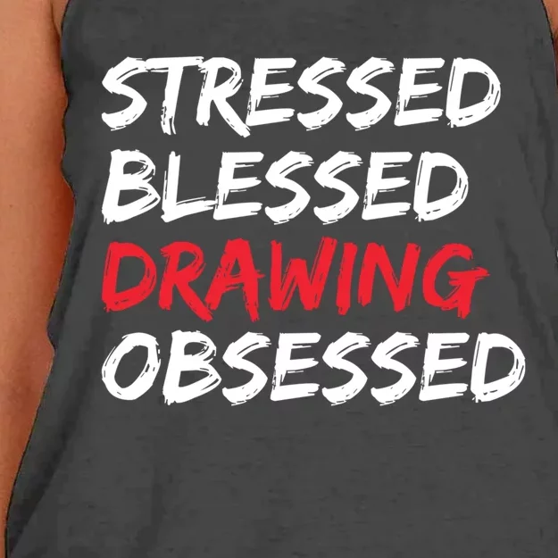 Stressed Blessed Drawing Obsessed Drawing Day Gift Women's Knotted Racerback Tank