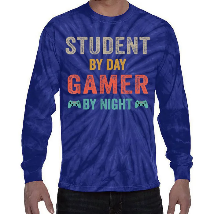 Student By Day Gamer By Night Meme For Gamers Tie-Dye Long Sleeve Shirt