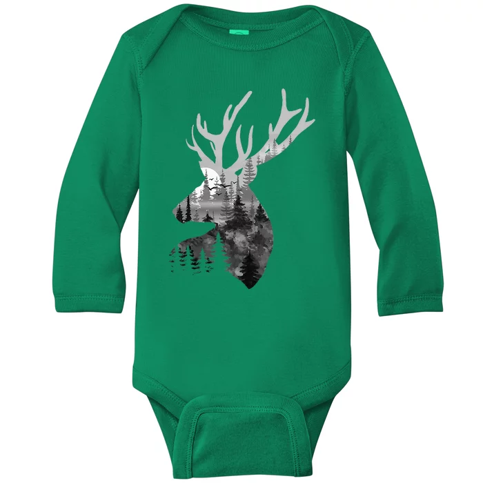 Silhouette Buck Deer Artwork Forest Wildlife Animal Lover Baby Long Sleeve Bodysuit