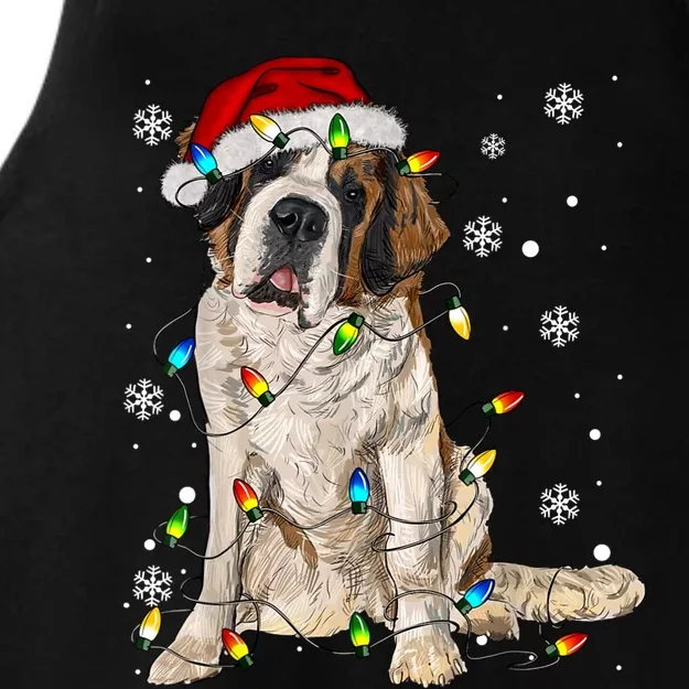 Saint Bernard Dog Santa Christmas Tree Lights Pajama Xmas Ladies Tri-Blend Wicking Tank