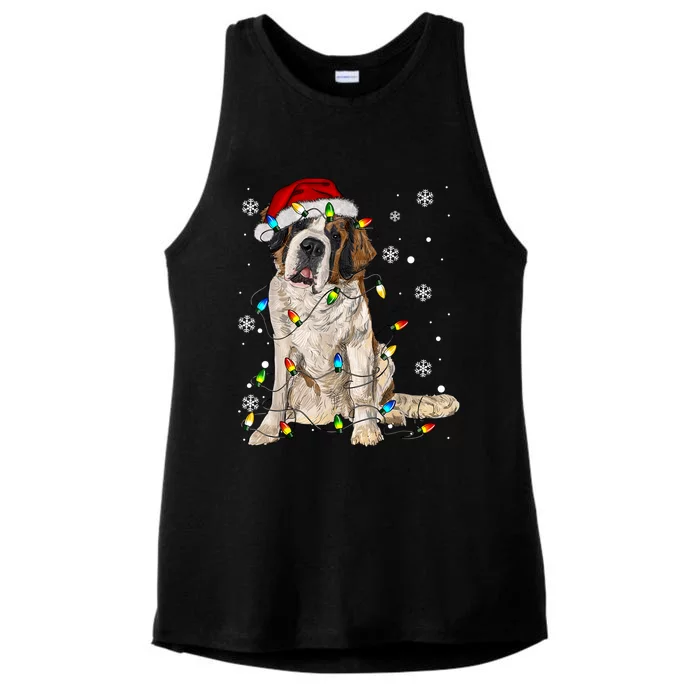 Saint Bernard Dog Santa Christmas Tree Lights Pajama Xmas Ladies Tri-Blend Wicking Tank