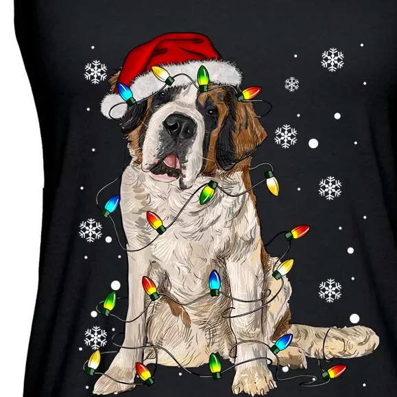 Saint Bernard Dog Santa Christmas Tree Lights Pajama Xmas Ladies Essential Flowy Tank