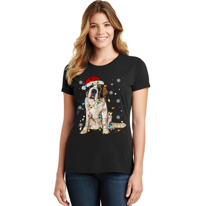 Saint Bernard Dog Santa Christmas Tree Lights Pajama Xmas Women's T-Shirt