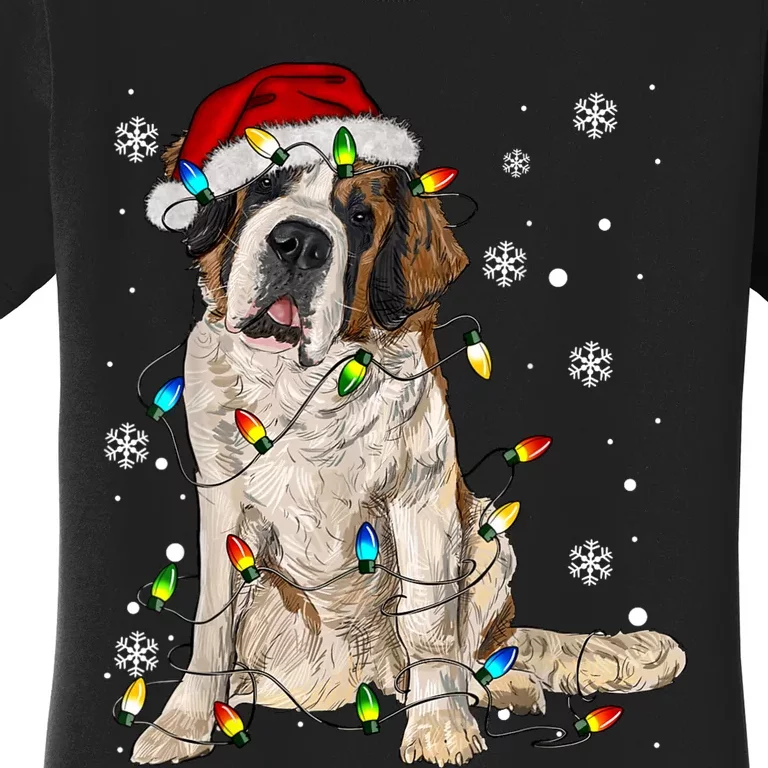 Saint Bernard Dog Santa Christmas Tree Lights Pajama Xmas Women's T-Shirt