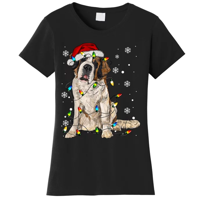 Saint Bernard Dog Santa Christmas Tree Lights Pajama Xmas Women's T-Shirt