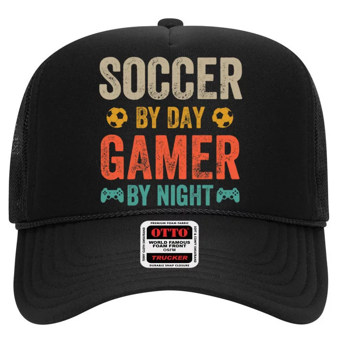 Soccer By Day Gamer By Night Sports Video Game Lover Gifts Premium High Crown Mesh Trucker Hat