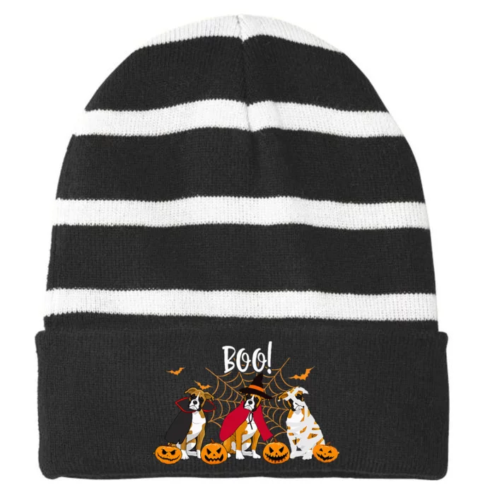 Spooky Boxer Dog Pumpkin Surprise Funny Halloween Gifts Striped Beanie with Solid Band