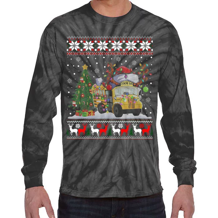 School Bus Driver Reindeer Santa Hat Ugly Christmas Tie-Dye Long Sleeve Shirt