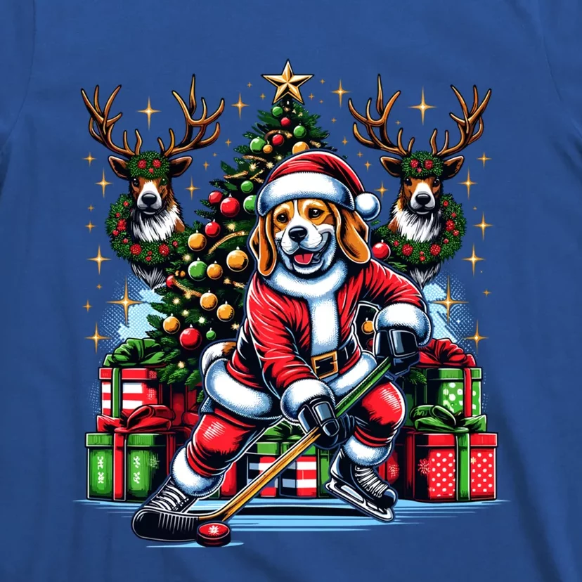 Santa Beagle Energetically Playing Hockey Funny Gift T-Shirt